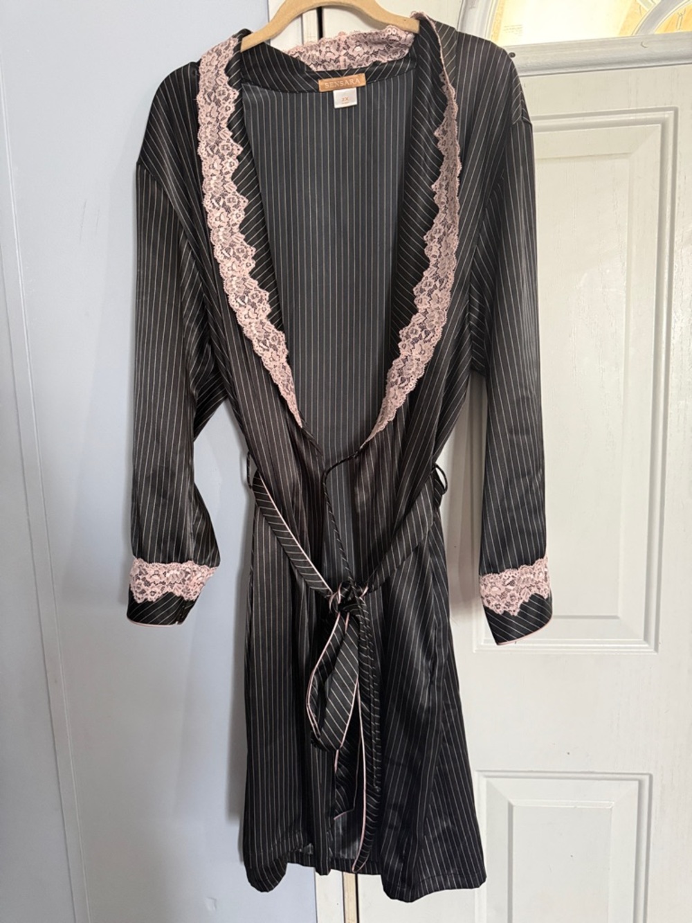 Black Pinstripe Satin Robe with Pink Lace Trim - Women’s Intimates